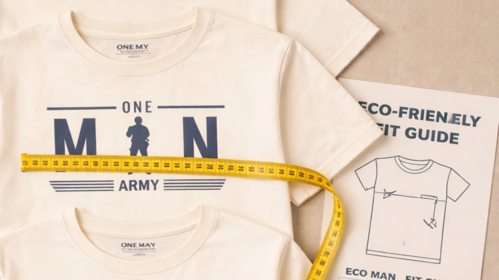 Custom printed t-shirts with measurements and eco-friendly fit guide