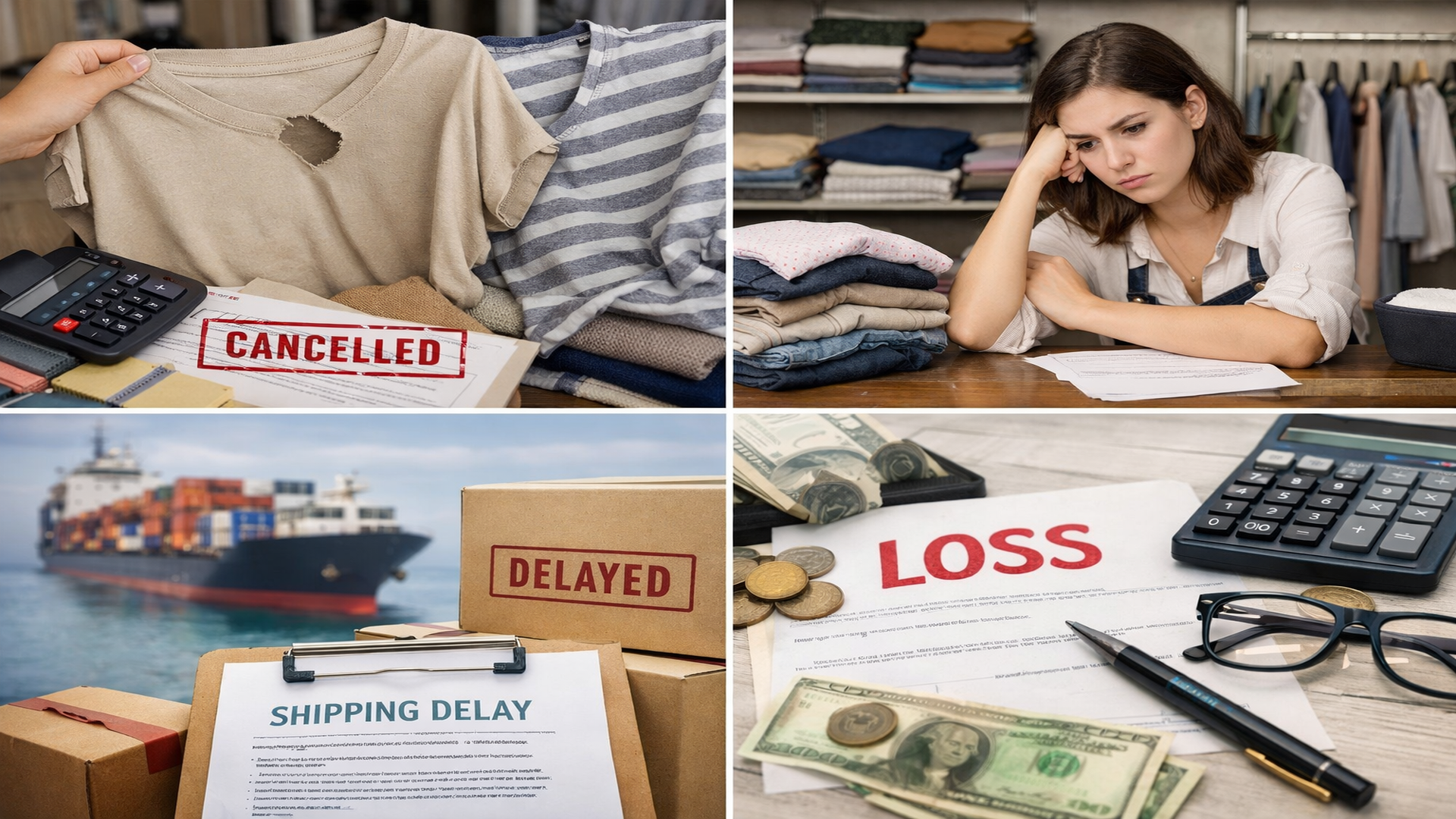 Stressed clothing business owner reviewing defective garments, delayed shipments, and financial losses caused by choosing the wrong custom clothing manufacturer.