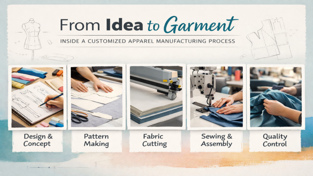 The step by step process of producing garment from idea to stiched clothes.