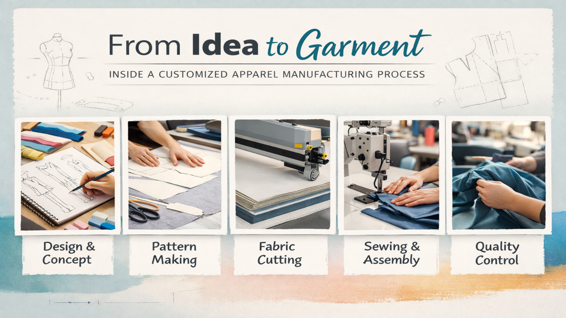 The step by step process of producing garment from idea to stiched clothes.